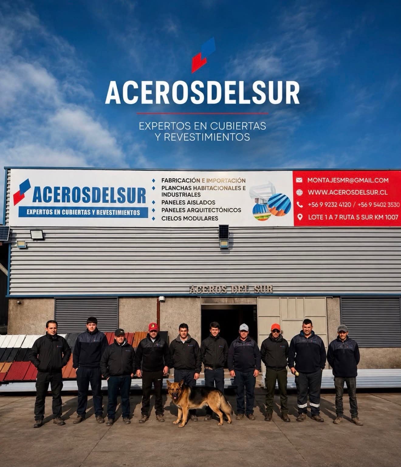 El equipo de Aceros del Sur frente a la fachada de su taller en Chillán Viejo, con planchas metálicas apiladas a ambos lados y un perro en el centro del grupo.